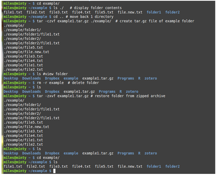 Yes, my computer is named after Miles O'Brien... How to tar and un-tar an example directory. After creating the archive, I intentionally delete the folder to illustrate how you wold restore this folder if you lost your data.