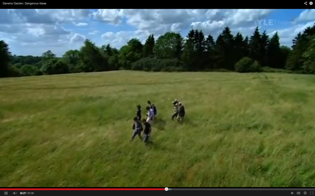 NHM botanists resurveying Great Pucklands Meadow. Screen capture from the 2009 BBC program "Jimmy Doherty in Darwin's Garden".