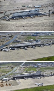 This combination of three photos taken over a six month period shows the March 11 tsunami and its aftermath at Sendai Airport in Sendai, Miyagi prefecture, northern Japan. The top photo taken March 11, 2011 shows the tsunami engulfing the airport immediately after an earthquake. The middle photo, taken June 3, 2011 and the bottom photo, taken Sept. 6, 2011 show the restored and reopened airport. © AP / Kyodo News