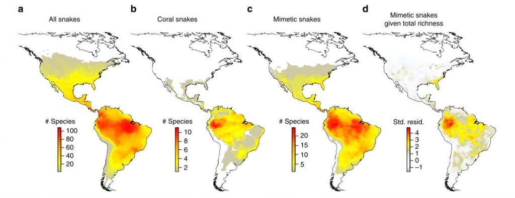 Figure 1 from Rabosky et al. (2016) describing the spatial distribution of mimic and model New World snakes